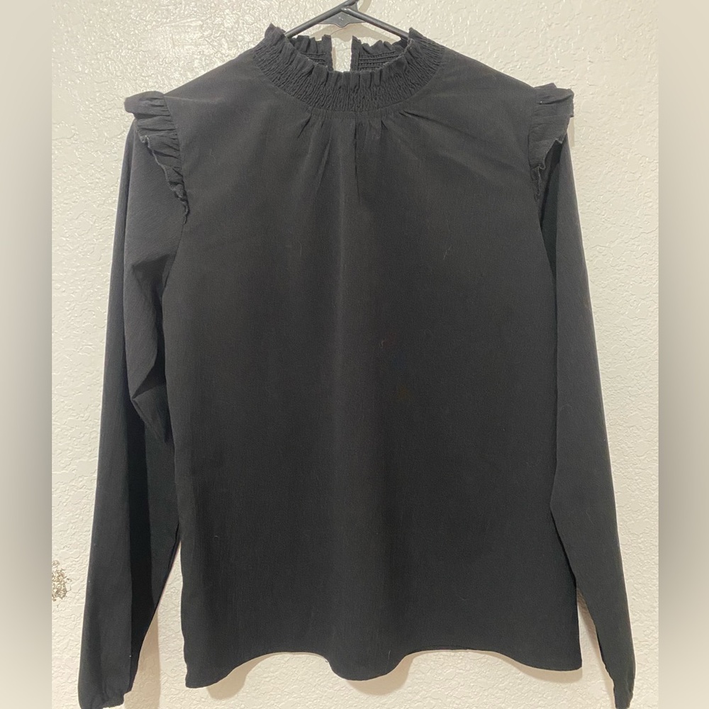 Black Smocked Ruffle Blouse Lightweight Long Sleeve Top High Neck Flowy - Picture 7 of 8